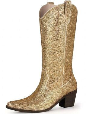 Women's Gold Rhineston Faux leather Sparkly Heel Cowgirl Boots With Pull Tabs